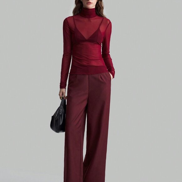 Burgundy Wine Red Sexy Women's Elegant mesh turtlenck Top - Picture 3 of 8